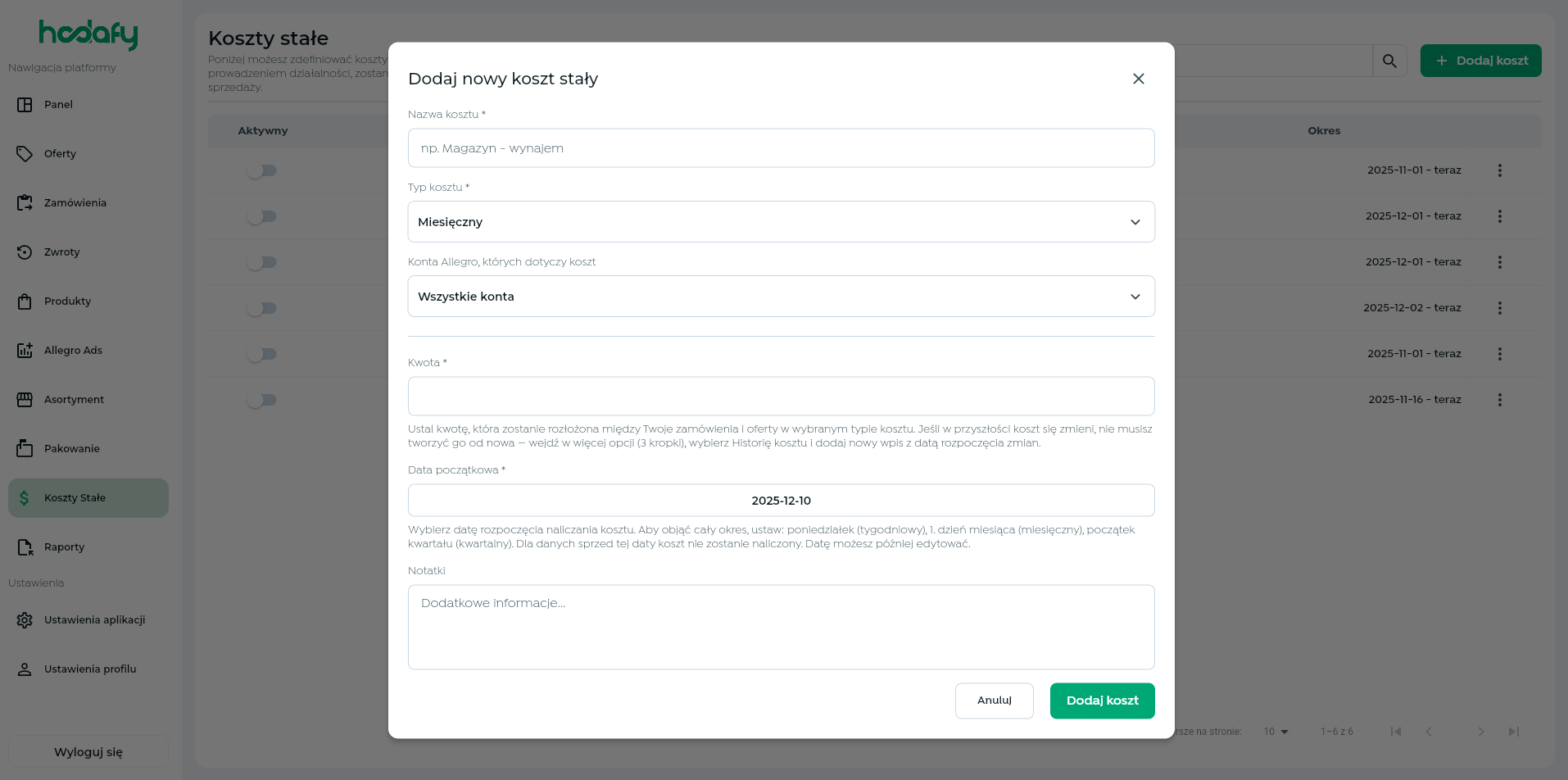 Sekcja kosztów stałych w Hodafy